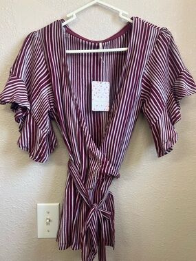 Free People Burgundy and White Striped Tie-Waist Wrap Top